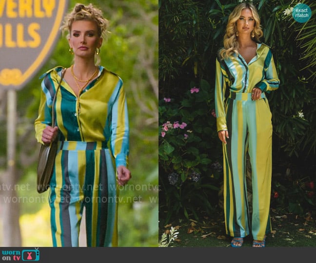 Forever Unique Blue and Green Stripe Blouse worn by Nicole Young on Selling Sunset