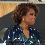 Gayle Bass’ blue and green leaf print blouse on CBS Mornings