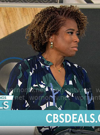 Gayle Bass’ blue and green leaf print blouse on CBS Mornings