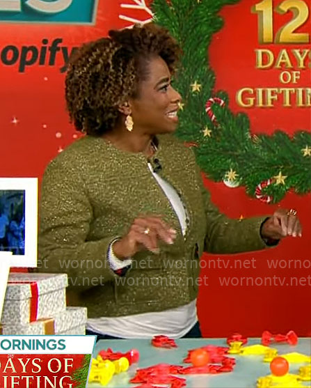 Gayle Bass’ sparkly olive green jacket on CBS Mornings