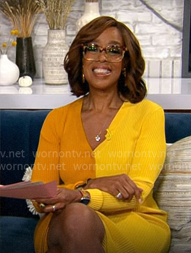 Gayle King’s yellow and orange sweater dress on CBS Mornings