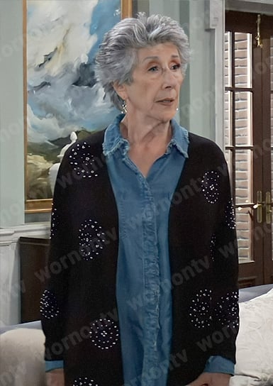 Gloria’s black circle studded cardigan and frayed denim shirt on General Hospital