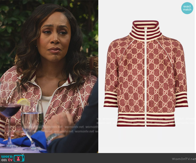 Gucci GG Supreme silk twill track jacket worn by Lola Carmichael (Simone Missick) on All Rise