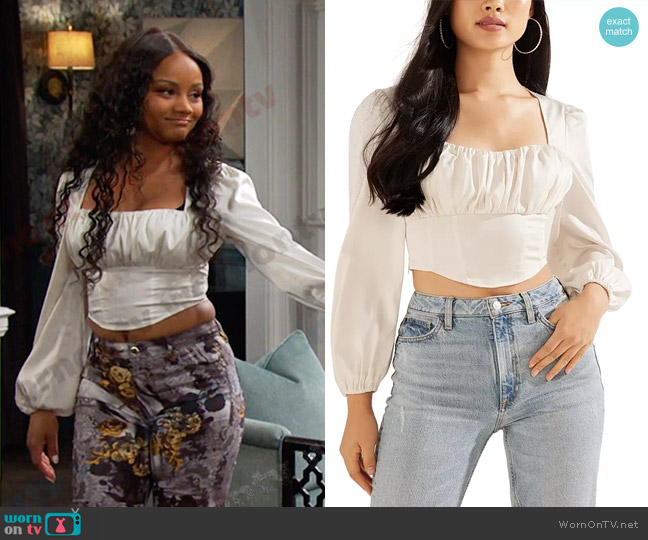 Guess Cropped Bustier Blouson Top worn by Chanel Dupree (Raven Bowens) on Days of our Lives
