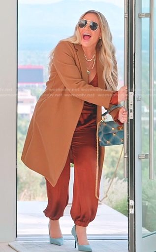 Heather’s orange satin wrap top and pants on The Real Housewives of Salt Lake City