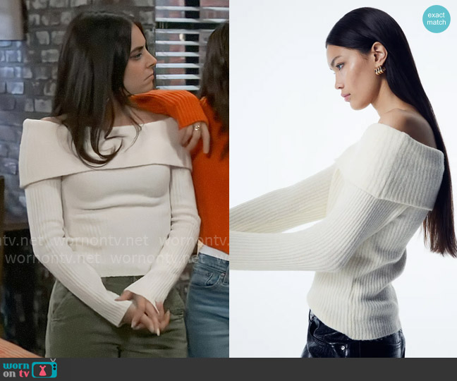 H&M Off-the-shoulder Sweater in Cream worn by Molly Lansing-Davis (Kristen Vaganos) on General Hospital