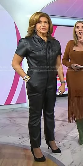 Hoda’s black short sleeve leather jumpsuit on Today