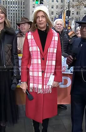 Hoda’s red coat and plaid wool scarf on Today