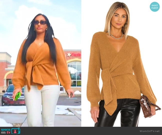Revolve x House of Harlow 1960 Khalida Wrap Sweater in Burnt Caramel worn by Monica Garcia on The Real Housewives of Salt Lake City