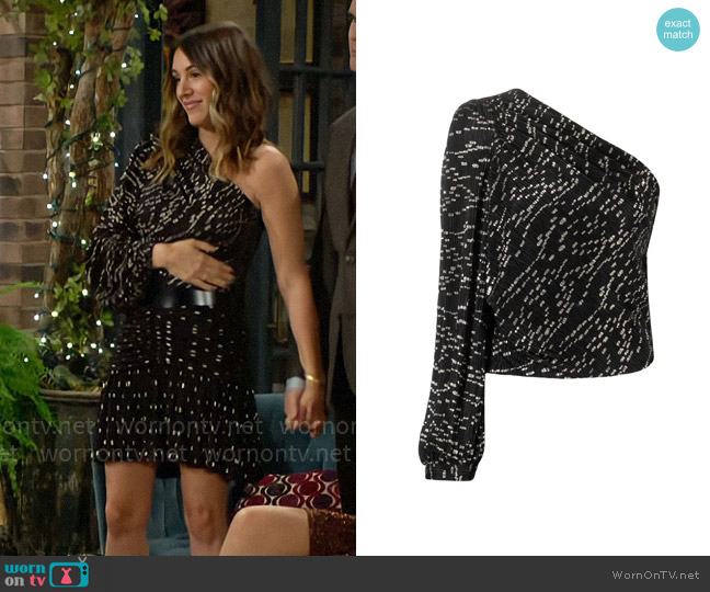 IRO Rayna single-sleeve abstract-print blouse worn by Chloe Mitchell (Elizabeth Hendrickson) on The Young and the Restless