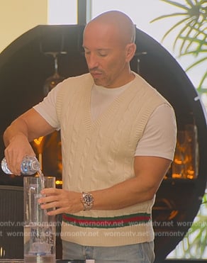 Jason’s white cable knit vest on Selling Sunset