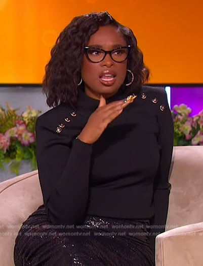 Jennifer’s black button shoulder sweater and sequin skirt on The Jennifer Hudson Show