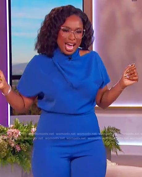 Jennifer’s blue cutout cowl neck jumpsuit on The Jennifer Hudson Show