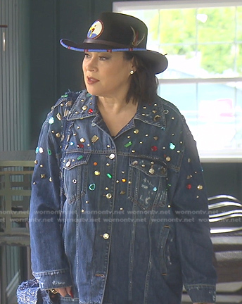 Jennifer Tilly’s gemstone embellished denim jacket on The Real Housewives of Beverly Hills
