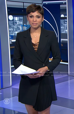 Jericka’s black pleated blazer dress on CBS Evening News