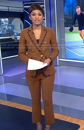 Jericka’s brown striped piping blazer and pants on CBS Evening News