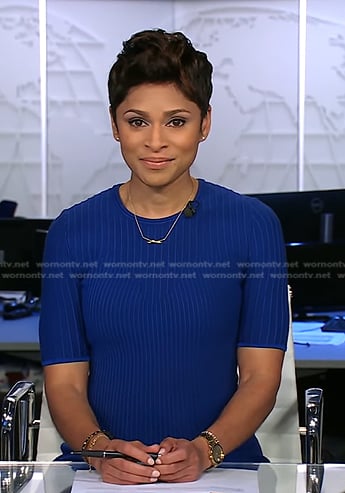 Jericka’s blue ribbed knit dress on CBS Evening News
