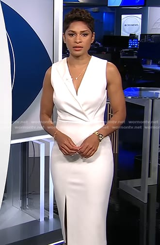 Jericka’s white sleeveless surplice dress on CBS Evening News