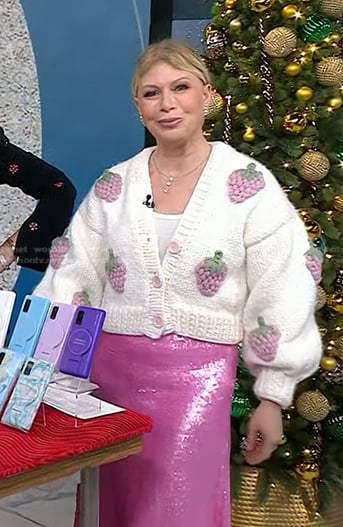Jill’s white strawberry cardigan and sequin skirt on Today