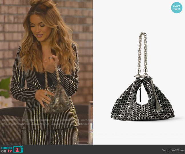 Jimmy Choo Callie Black Diamond Motif Crystal Hotfix on Suede Bag worn by Chrishell Stause on Selling Sunset