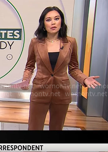 Jo Ling Kent’s brown velvet suit on CBS Mornings