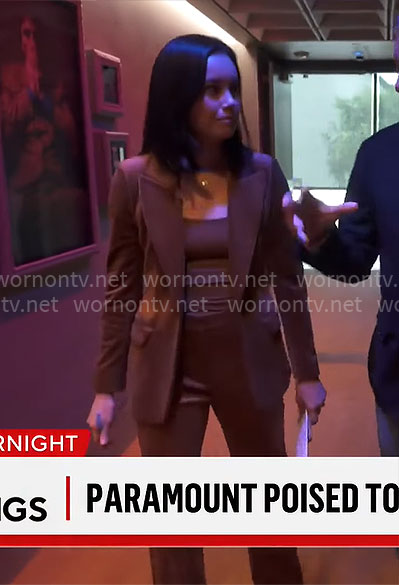 Jo Ling Kent’s brown velvet suit on CBS Mornings