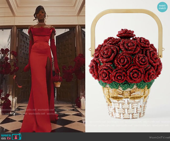 Judith Leiber Couture Basket of Roses crystal-embellished gold-tone clutch worn by Chelsea Lazkani on Selling Sunset