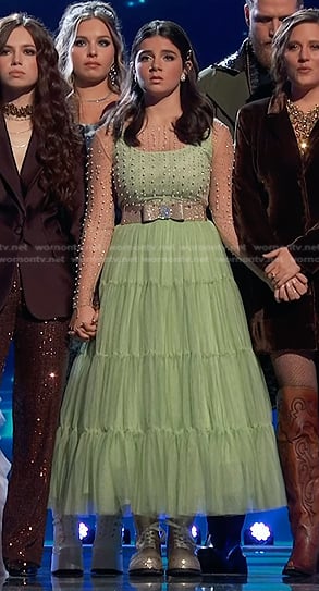 Julia Roome’s green sleeveless tulle dress on The Voice