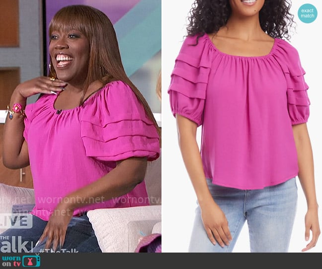Karen Kane Pleat Sleeve Top in Berry worn by Sheryl Underwood on The Talk