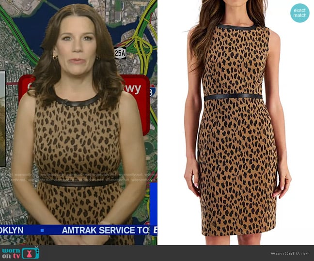 Kasper Animal-Jacquard Faux-Leather-Trim Sheath Dress worn by Heather O’Rourke on Good Morning America