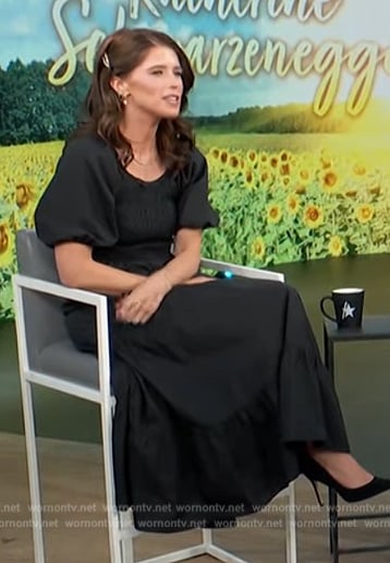 Katherine Schwarzenegger’s black smocked front dress on Access Hollywood