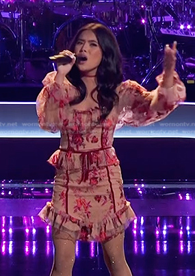 Kaylee Shimizu’s beige and pink floral sheer dress on The Voice