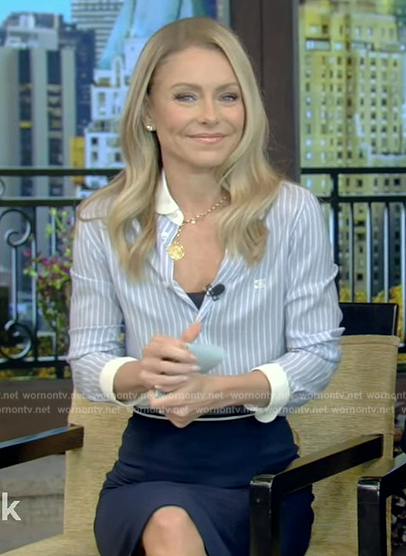 Kelly’s navy skirt and striped blouse on Live with Kelly and Mark