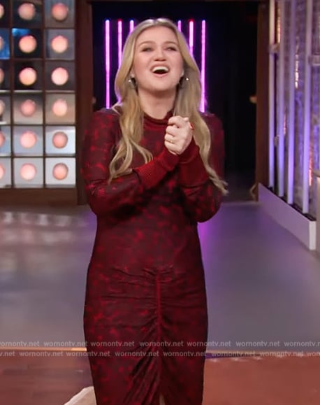 Kelly’s red leopard print ruched dress on The Kelly Clarkson Show