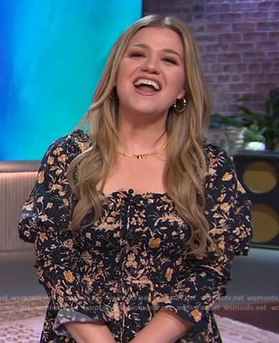 Kelly’s black floral print dress on The Kelly Clarkson Show