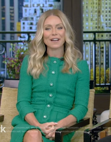 Kelly’s green tweed button dress on Live with Kelly and Mark