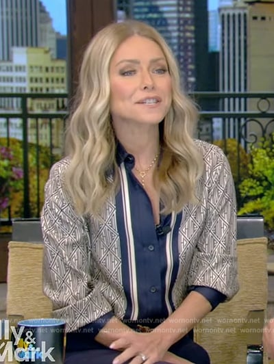 Kelly’s printed blouse with center stripe on Live with Kelly and Ryan