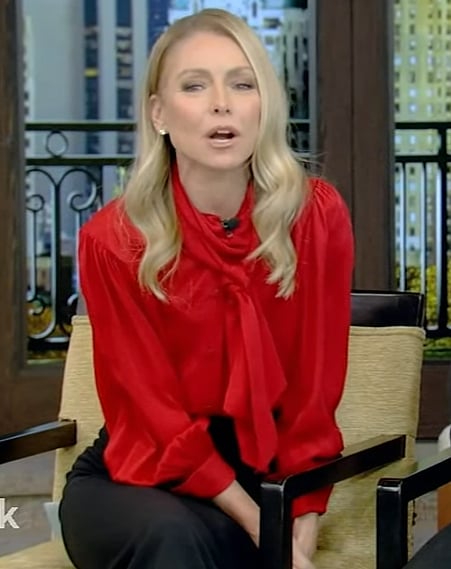 Kelly’s red tie neck blouse on Live with Kelly and Mark