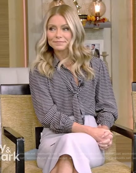 Kelly’s black checkered blouse on Live with Kelly and Mark