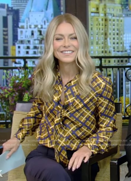 Kelly’s plaid tie neck blouse on Live with Kelly and Mark