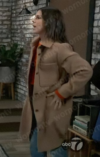 Kristina’s long camel shirt jacket on General Hospital