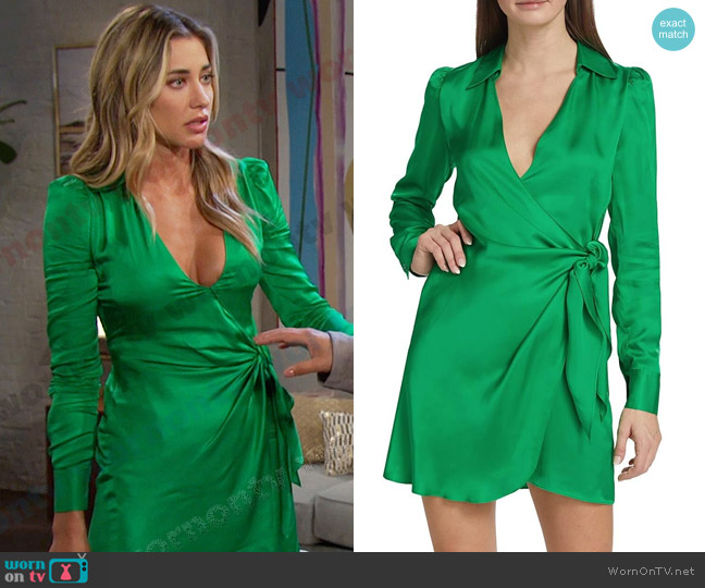 L'Agence Amani Wrap Minidress in Grass Green worn by Sloan Peterson (Jessica Serfaty) on Days of our Lives