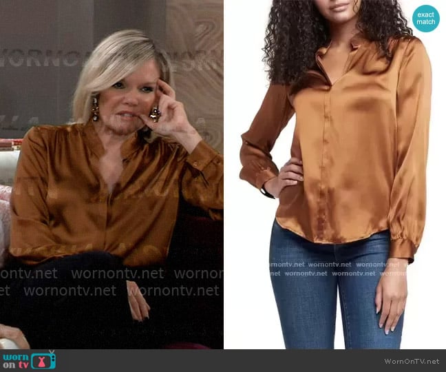 L'Agence Bianca Silk Satin Blouse in Dark Copper worn by Ava Jerome (Maura West) on General Hospital