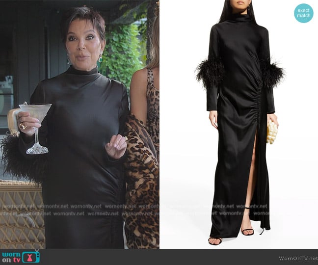 Lapointe Feather-Trim Ruched Satin Bias Gown worn by Kris Jenner (Kris Jenner) on The Kardashians