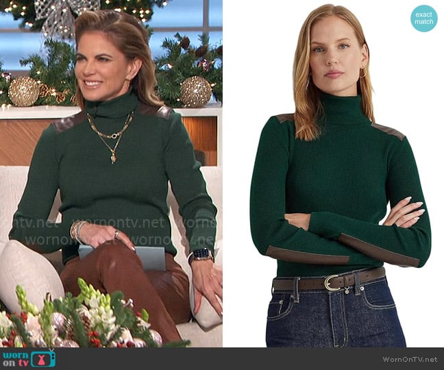 LAUREN Ralph Lauren Faux Leather-Trim Ribbed Turtleneck in Season Green worn by Natalie Morales on The Talk