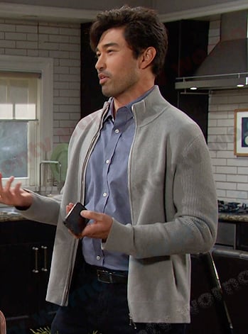 Li Shin’s grey ribbed zip knit jacket on Days of our Lives