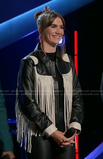 Lila Forde’s black and white fringed leather jacket on The Voice