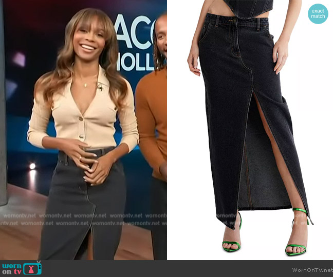 Barbie Split Maxi Denim Skirt in Charcoal Lioness worn by Zuri Hall on Access Hollywood