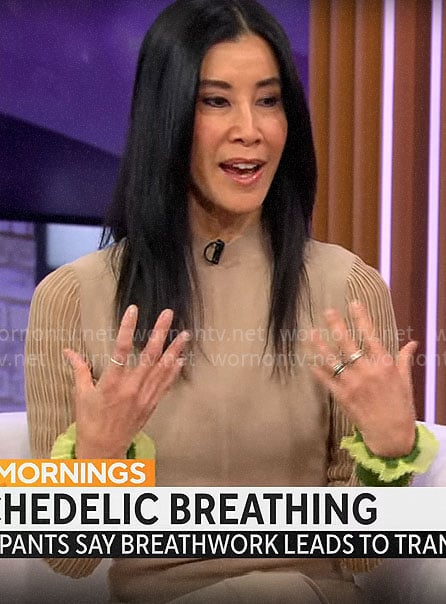 Lisa Ling’s beige dress with green trims on CBS Mornings