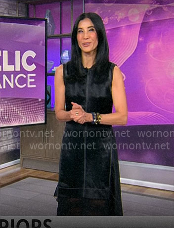 Lisa Ling’s black asymmetric satin dress on CBS Mornings